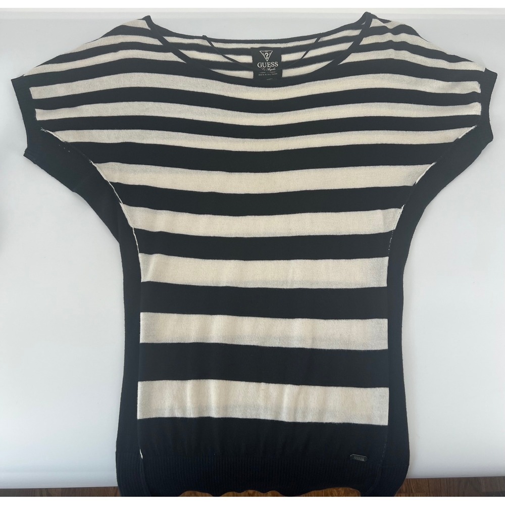 GUESS Top Striped Dolman Sleeve Black Off White Size S Vintage Y2K Retro Sweater